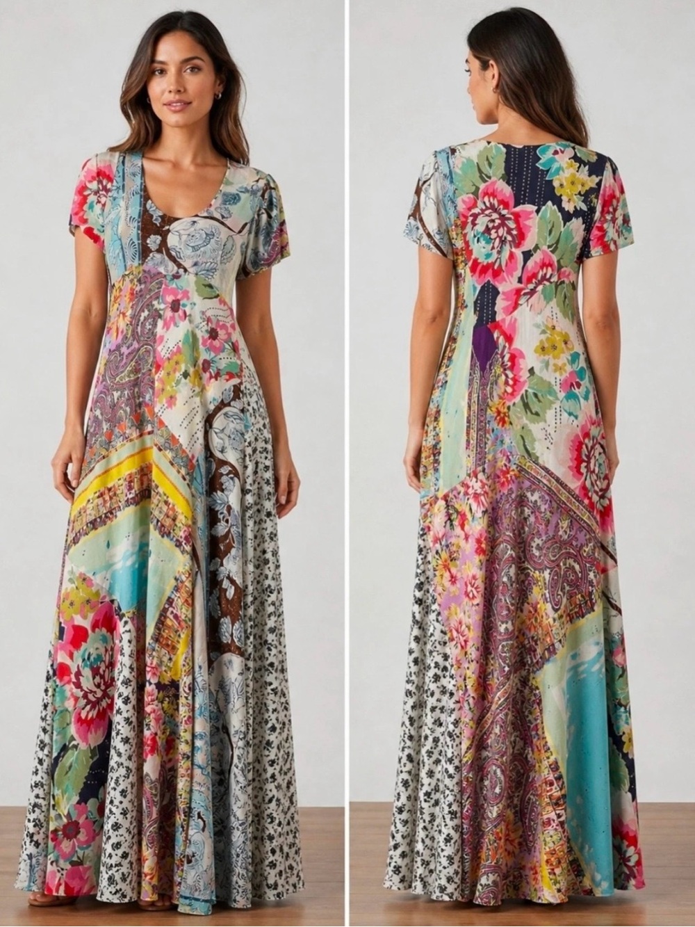 Johnny Was Multicolor Floral Patchwork Maxi Dress - Pink, Teal, Yellow. Silk